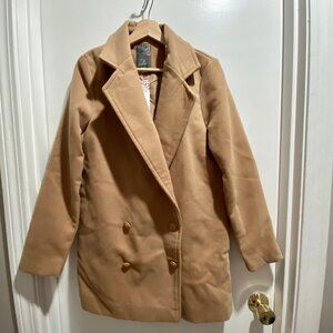 Lili Camel Hair New Preppy Double Breasted Longline Minimalist Blazer Pea Coat M